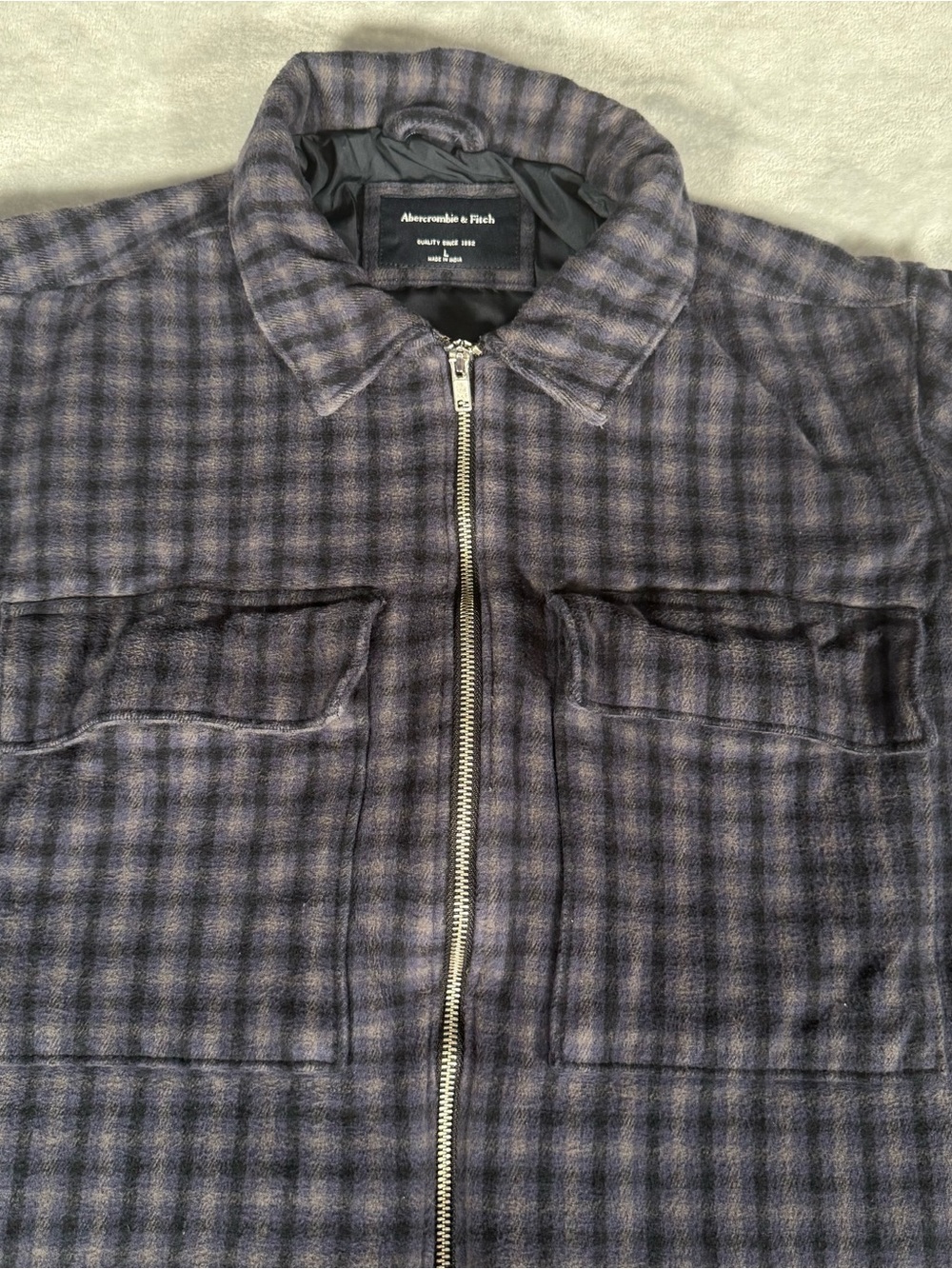 Abercrombie & Fitch Flannel Bomber Jacket Mens L Lined Full Zip Checkered Blue - Picture 3 of 11